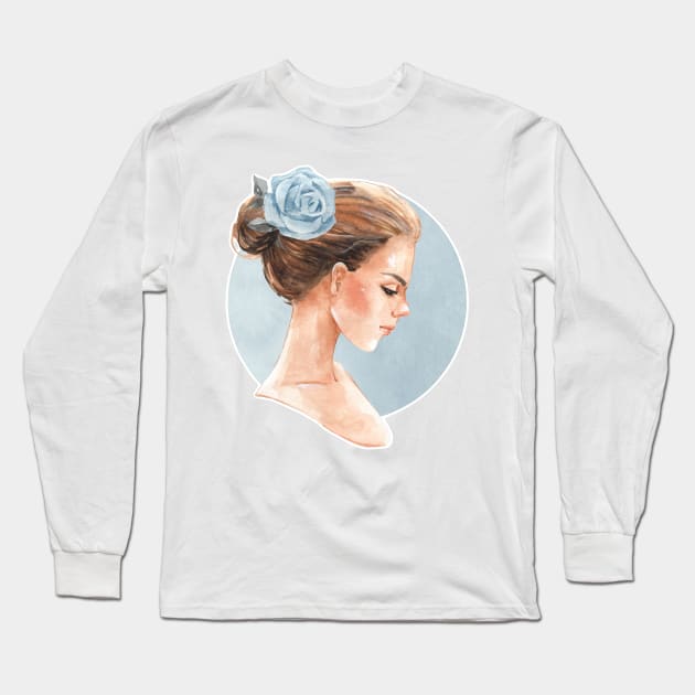 Romantic girl with blue rose Long Sleeve T-Shirt by Gribanessa